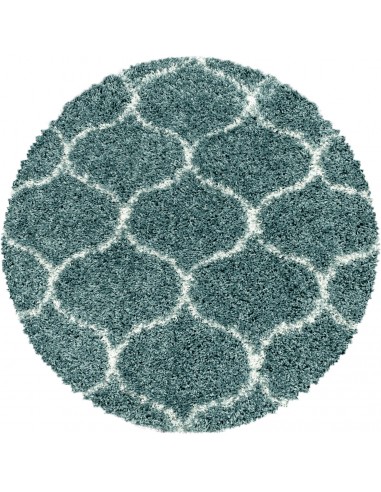 Tapis Rond à poils longs et motifs Alhambra - Turquoise et Blanc Pour